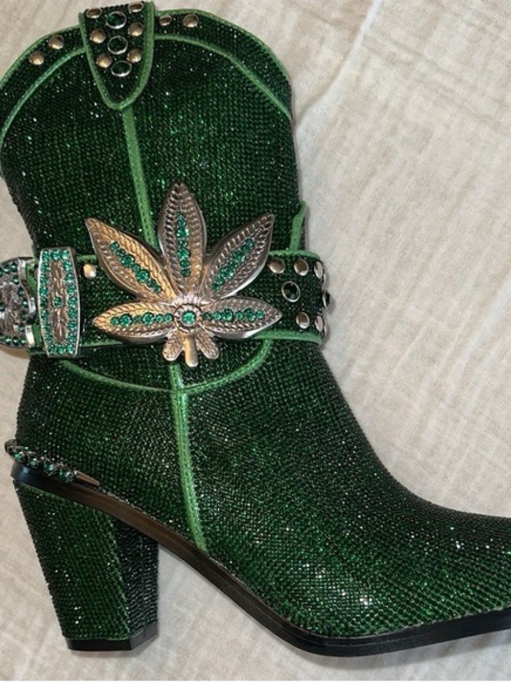 Dolls Kill Sheriff Shine Cowboy Boots- Top Shelf Rhinestone Leaf Buckle 8 New